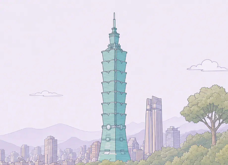 Flat illustration of the Taipei skyline with Taipei 101.